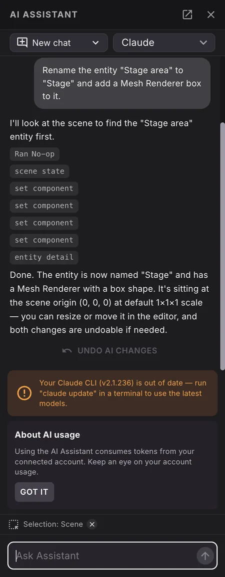 The AI Assistant panel docked at the right of the editor after a request to rename an entity and add a Mesh Renderer: the reply lists the tools it ran, describes the result, and shows an Undo AI changes button beneath it.