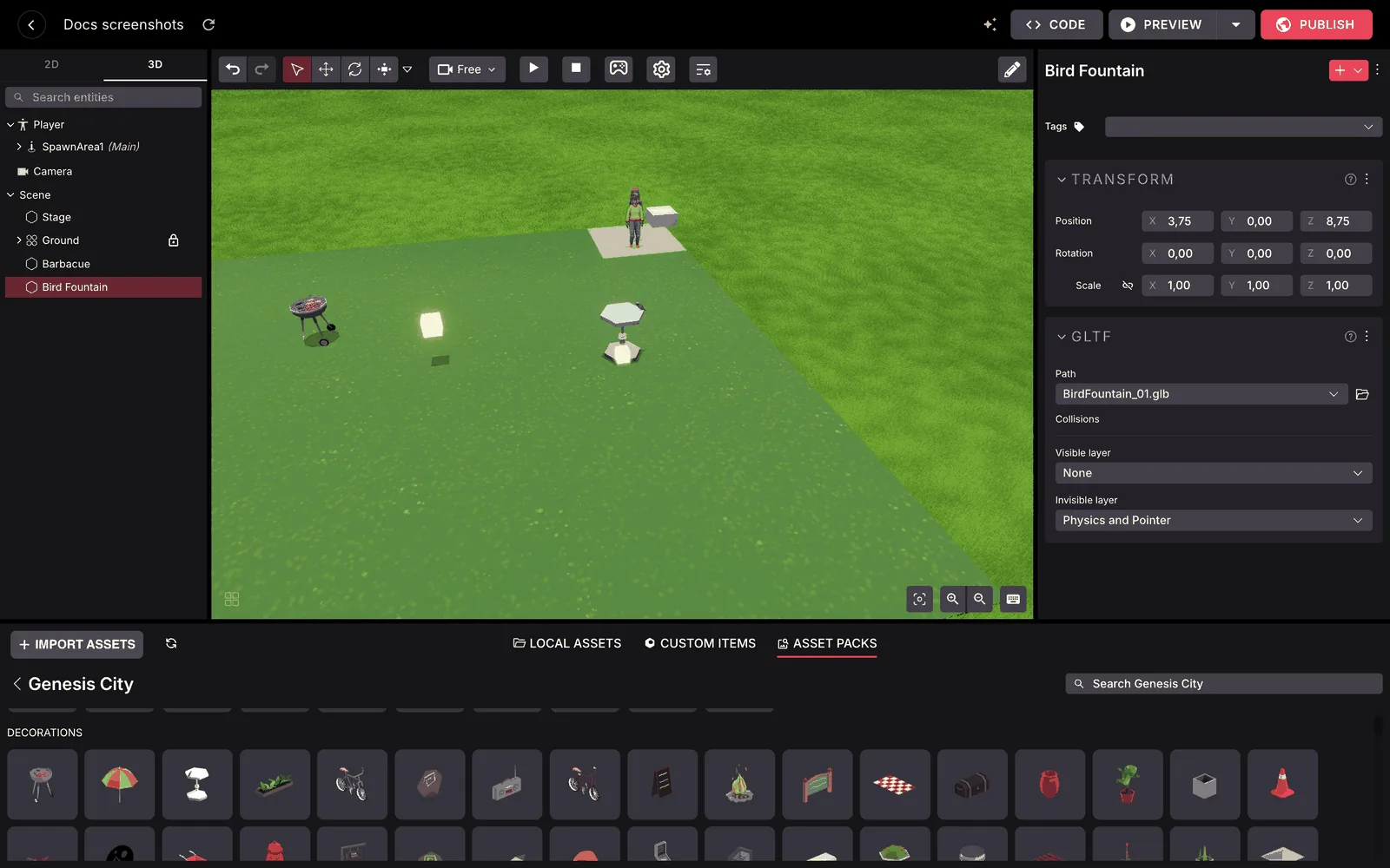 The Scene Editor with a small scene open: the entity tree on the left lists Player, Camera, Scene and a few items, the canvas shows a grass ground with a barbecue and a bird fountain, and the properties panel on the right shows the Transform and GLTF components of the selected Bird Fountain.