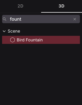 The entity tree filtered by the search term fount: only the Camera, Scene and Bird Fountain entities remain visible, with the Scene parent expanded to show the match.