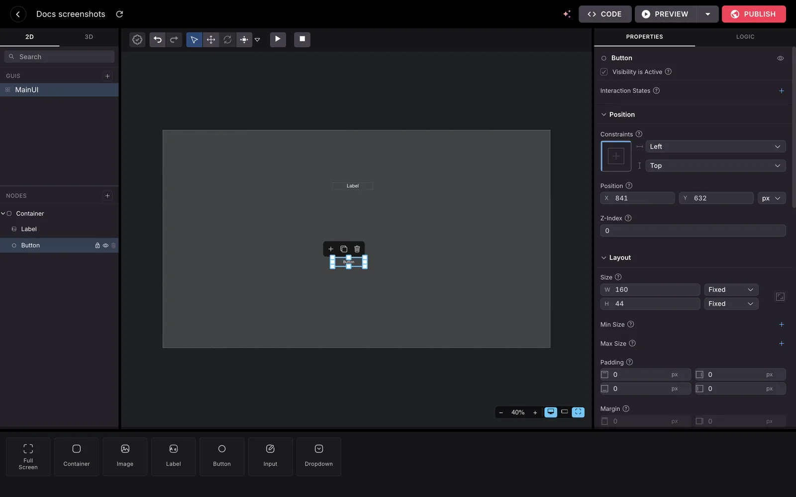 The UI Editor in 2D mode: the GUIs and Nodes panels on the left list a GUI named MainUI with a Container holding a Label and a Button, the canvas in the middle shows the container with the Button selected and resize handles around it, the Properties tab on the right shows the Button's position and layout, and the widget palette runs along the bottom.